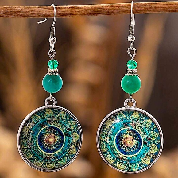 Bohemian Blue Mandala Dangle Earrings Silver Handmade Beaded Hook - Picture 6 of 10
